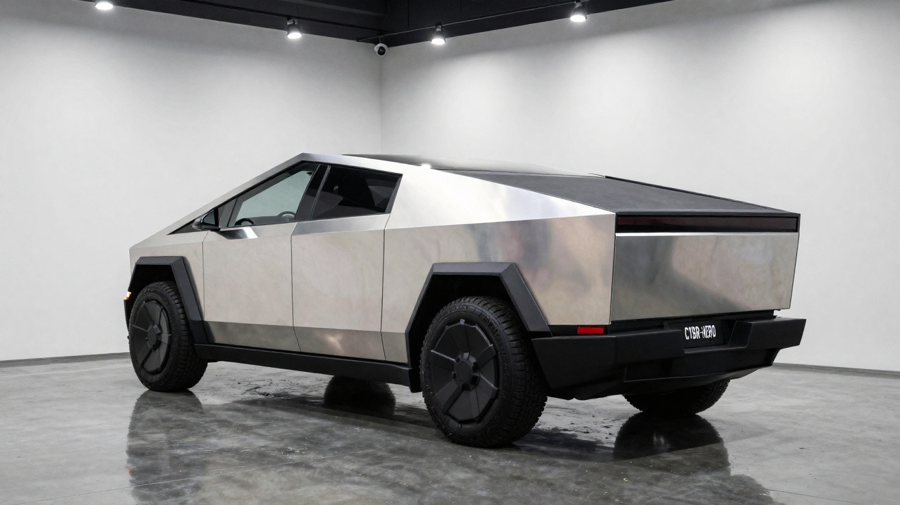 Carro elétrico Tesla Cybertruck com carroceria metálica e design angular em ambiente interno.