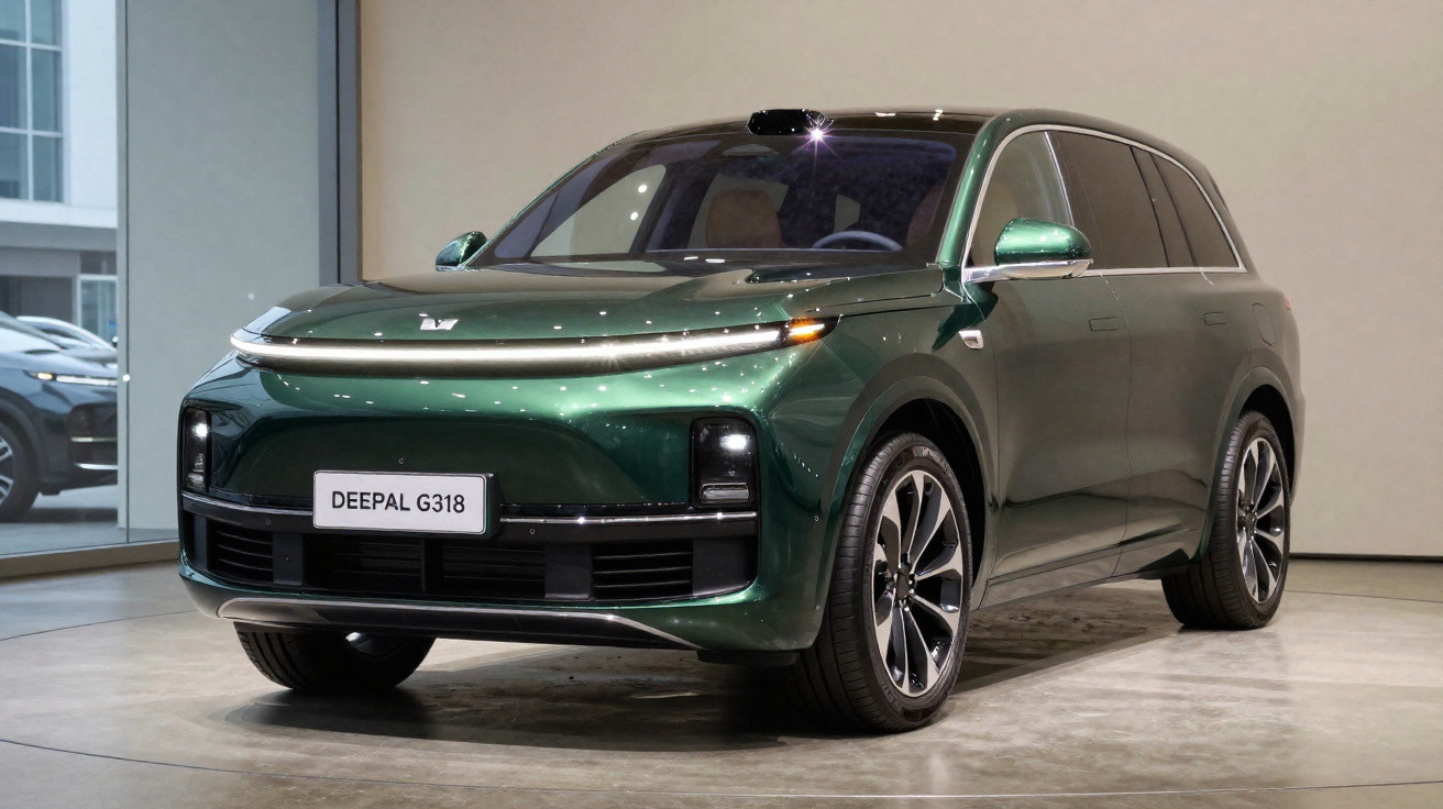 SUV elétrico verde Deepal G318 estacionado em ambiente interno com iluminação suave.