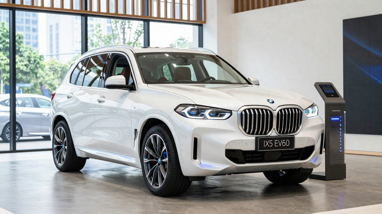 Carro elétrico BMW iX5 EV60 branco exibido em showroom moderno com carregador ao lado.