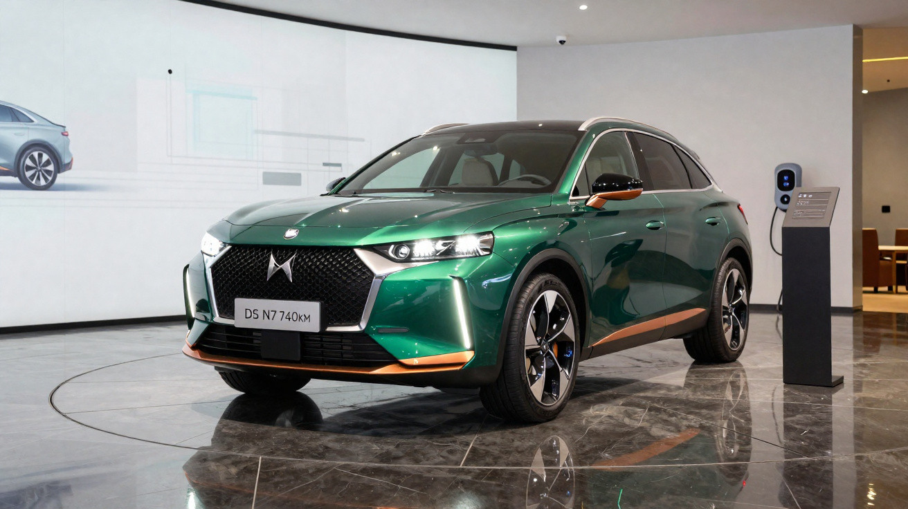Carro elétrico SUV DS N7 verde com detalhes em bronze em exposição em showroom moderno e iluminado.