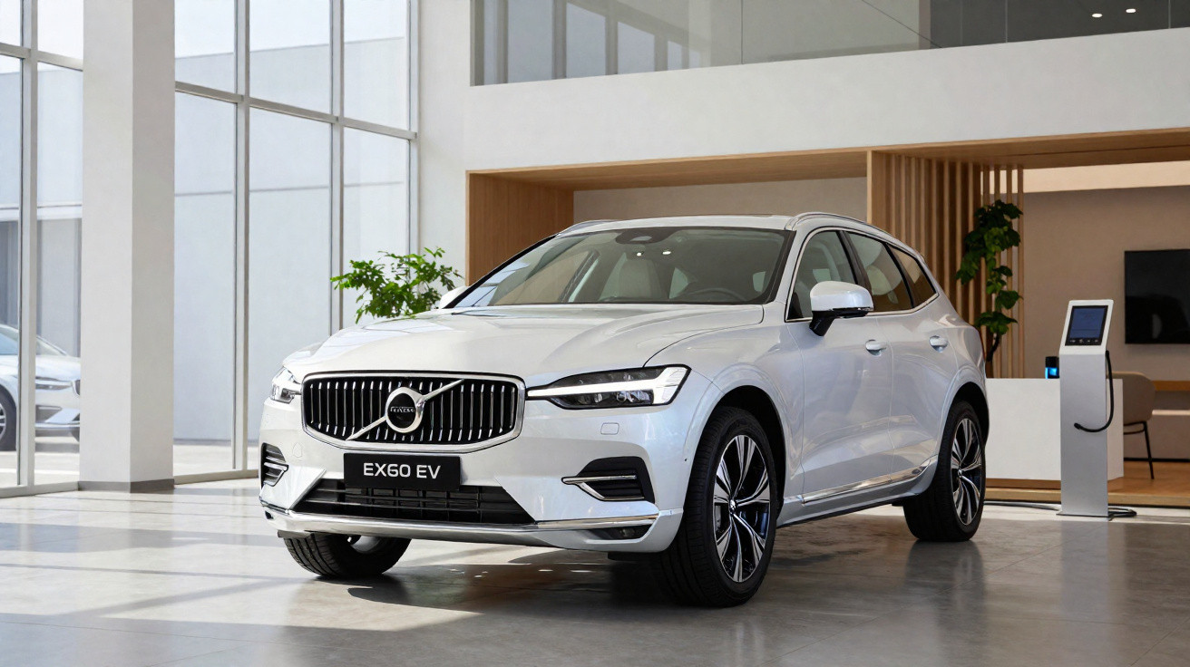 Carro elétrico Volvo EX60 EV branco em showroom moderno com grandes janelas e estação de recarga.