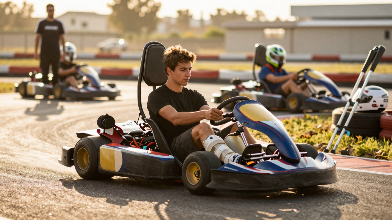 Jovem com imobilizador na perna dirigindo kart em pista ao ar livre durante o dia ensolarado.