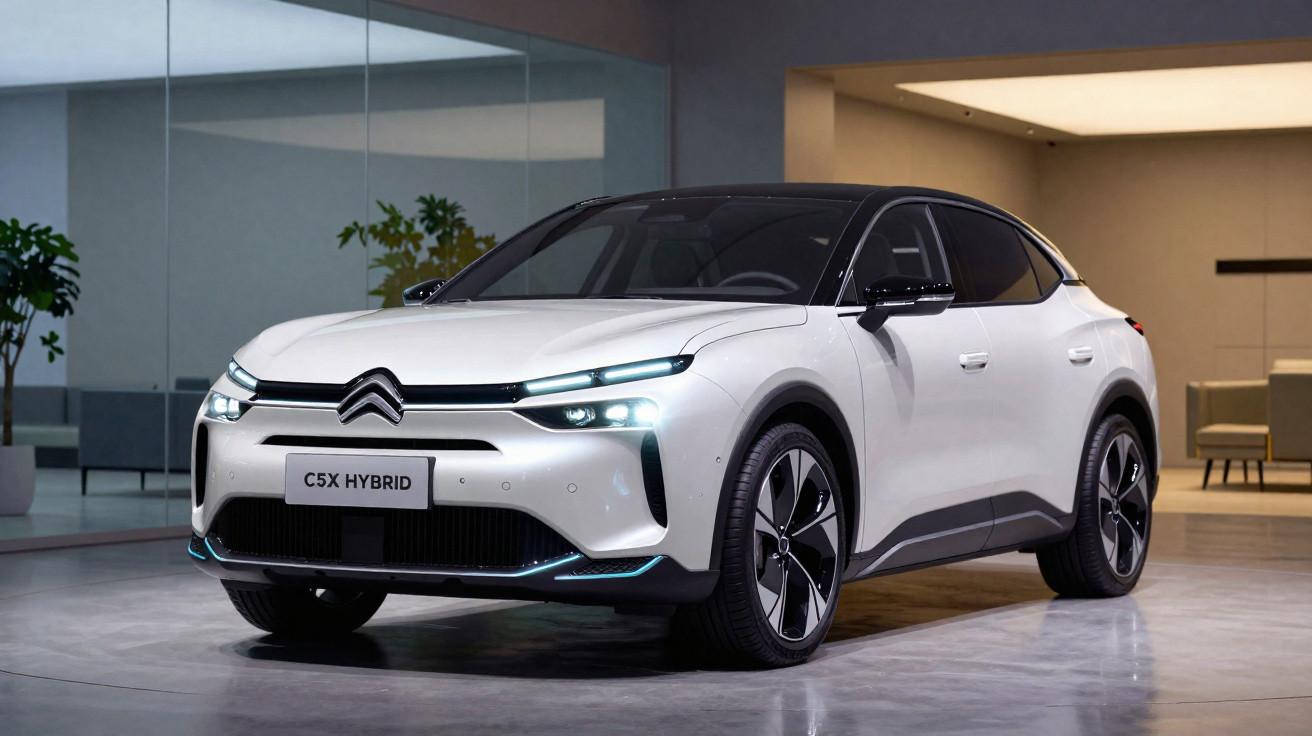 Carro elétrico branco Citroën C5X Hybrid estacionado em ambiente moderno e iluminado.