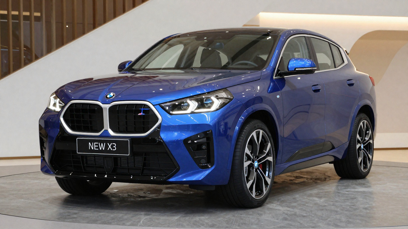 Carro SUV azul BMW New X3 exibido em showroom com design moderno e rodas pretas.