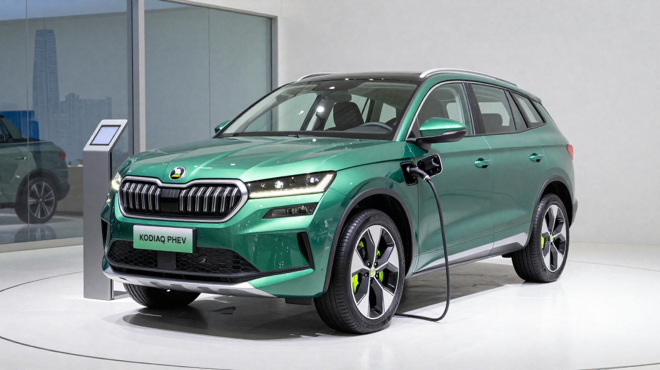 Carro verde elétrico SUV Škoda Kodiaq PHEV em exibição, conectado a carregador, em ambiente moderno.