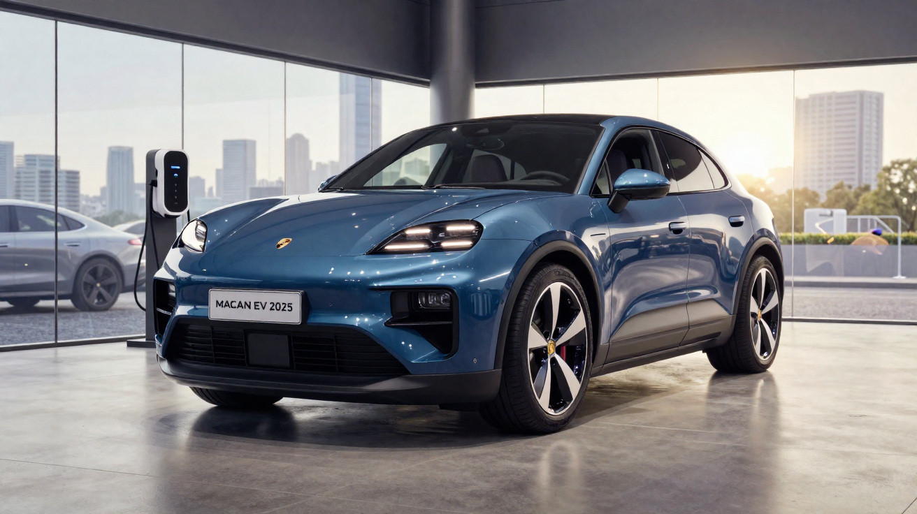 Carro elétrico Porsche Macan EV 2025 azul em showroom moderno com carregador e edifícios ao fundo.