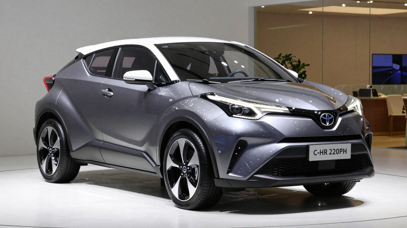 Carro Toyota C-HR 220PH cinza com teto branco exibido em sala de exposição moderna.