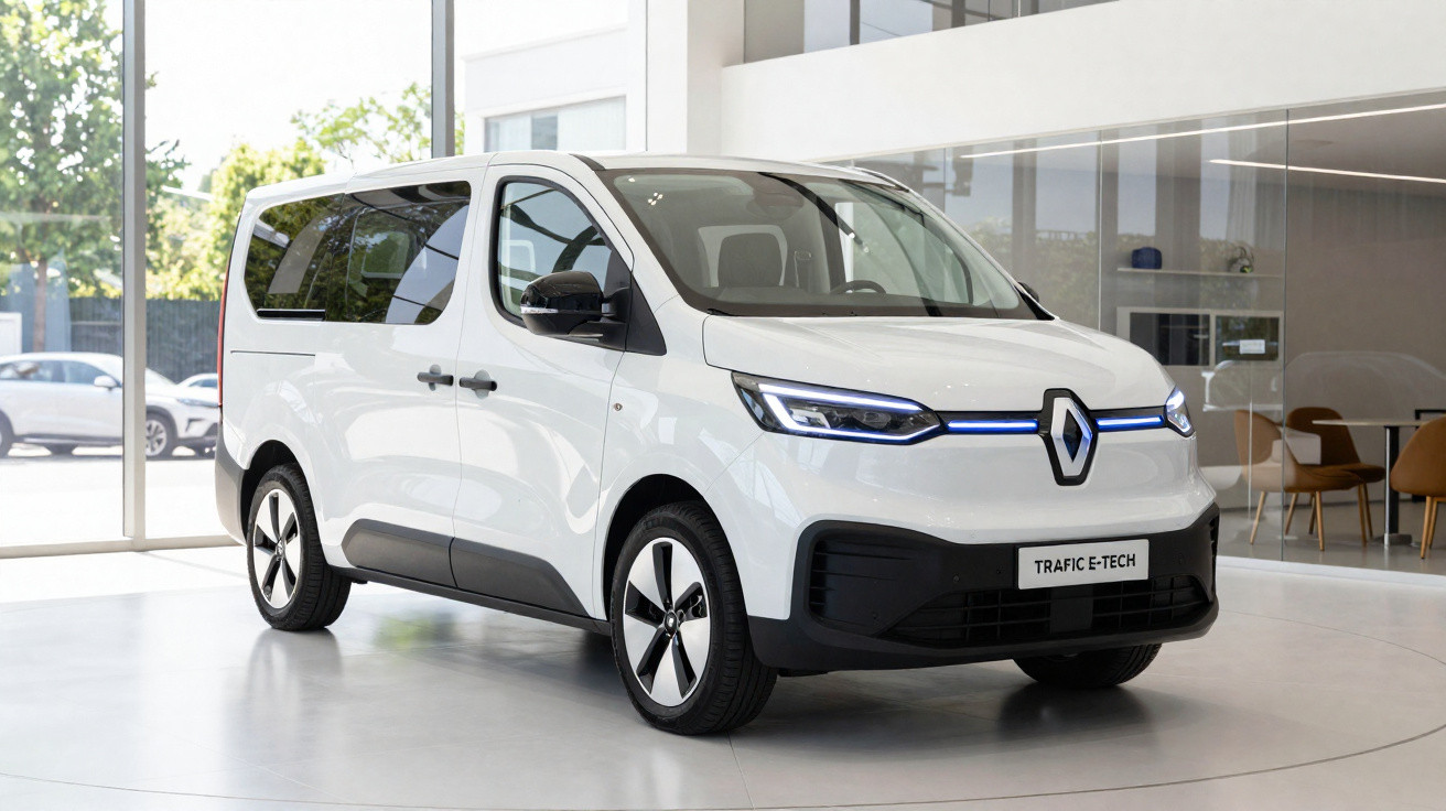 Van branca Renault Trafic E-Tech estacionada em showroom moderno com paredes de vidro.