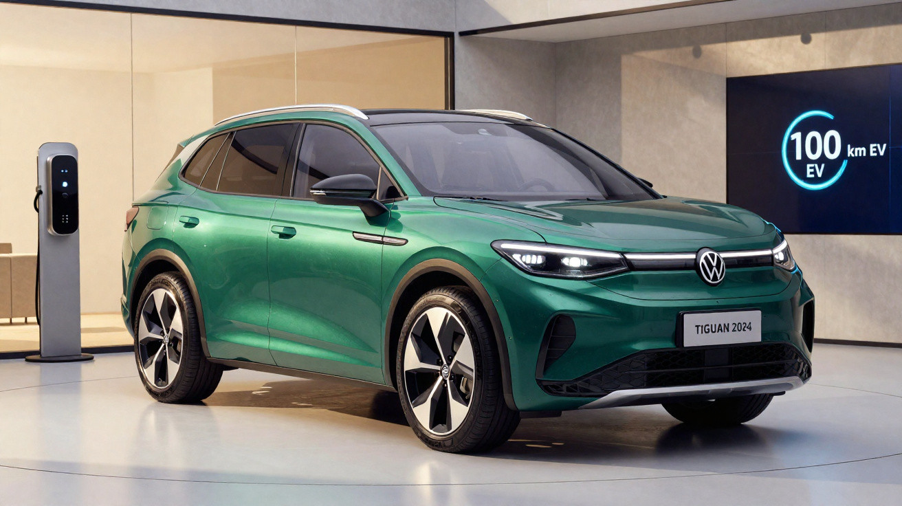 Carro elétrico Volkswagen Tiguan 2024 verde em ambiente moderno com estação de recarga ao fundo.