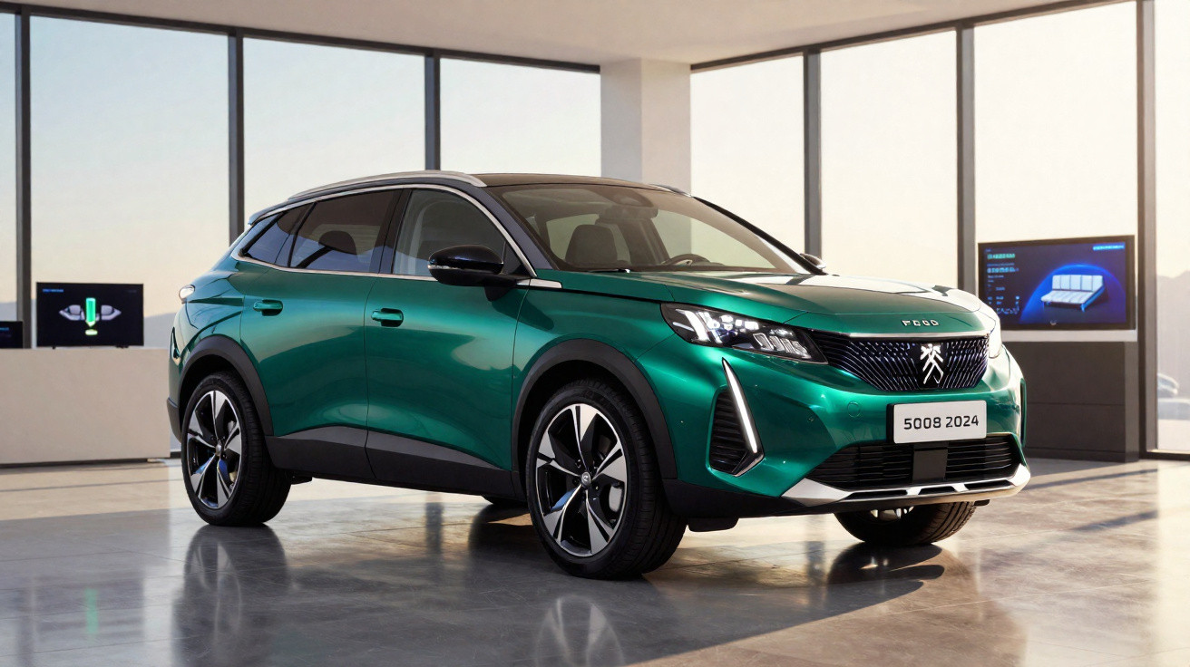 SUV Peugeot 5008 2024 verde metálico em ambiente interno com grandes janelas e iluminação natural.
