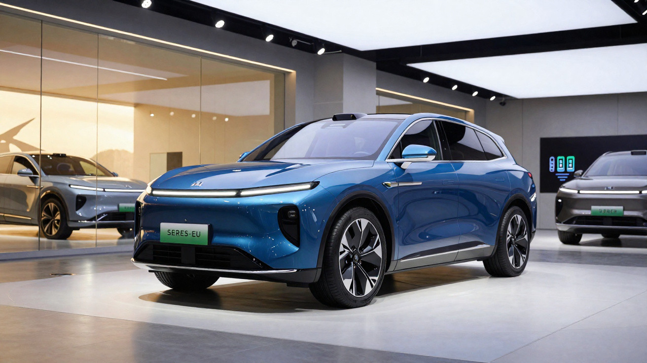 Carro elétrico azul em exposição moderna com iluminação suave e reflexos no chão polido.