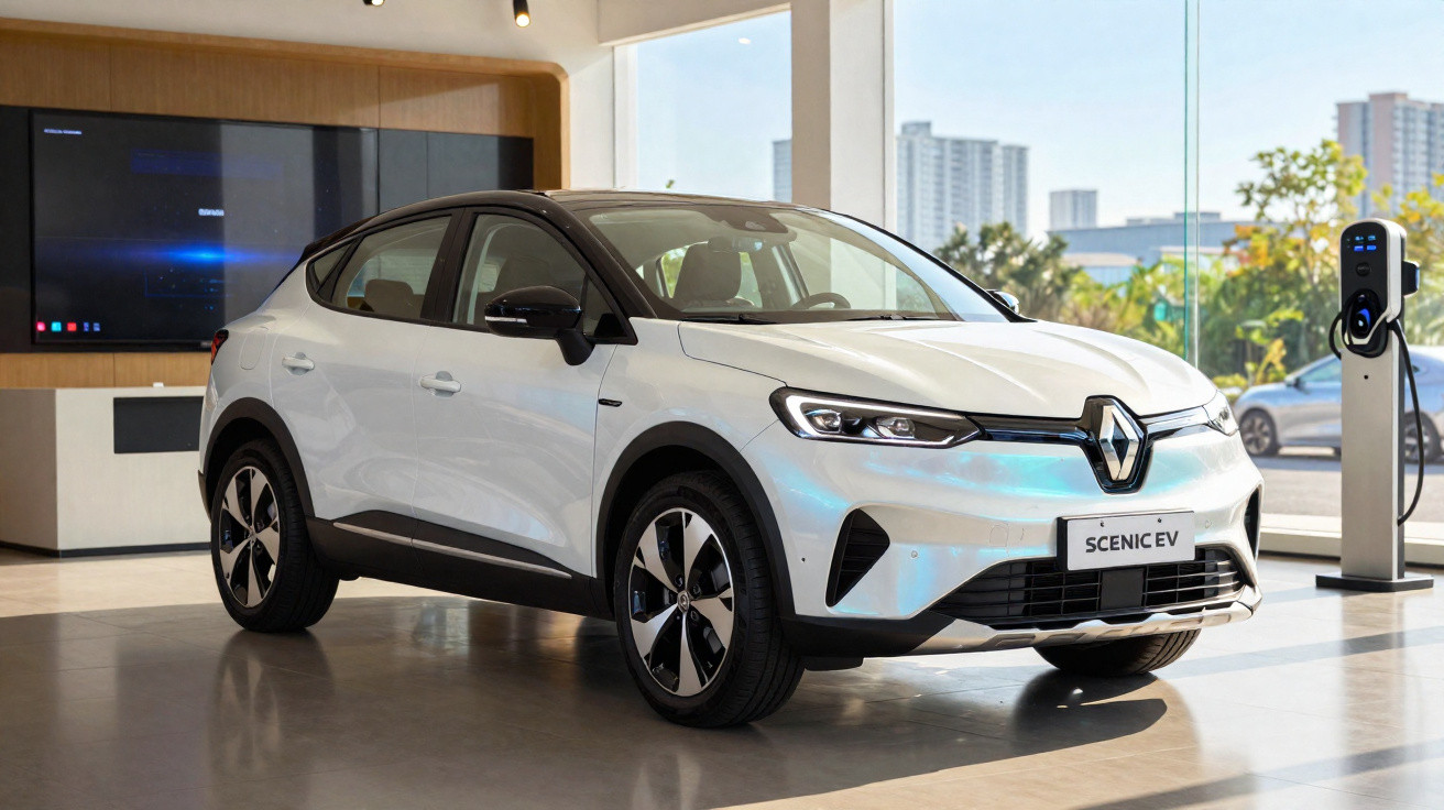 Carro elétrico branco Renault Scenic EV exibido em showroom ao lado de estação de recarga.