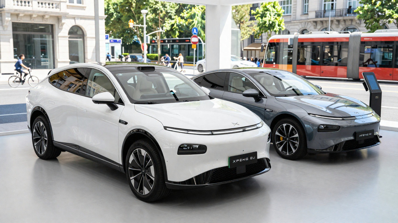 Dois carros elétricos XPeng em exposição interna, um branco na frente e um cinza ao fundo, com rua e bonde ao fundo.