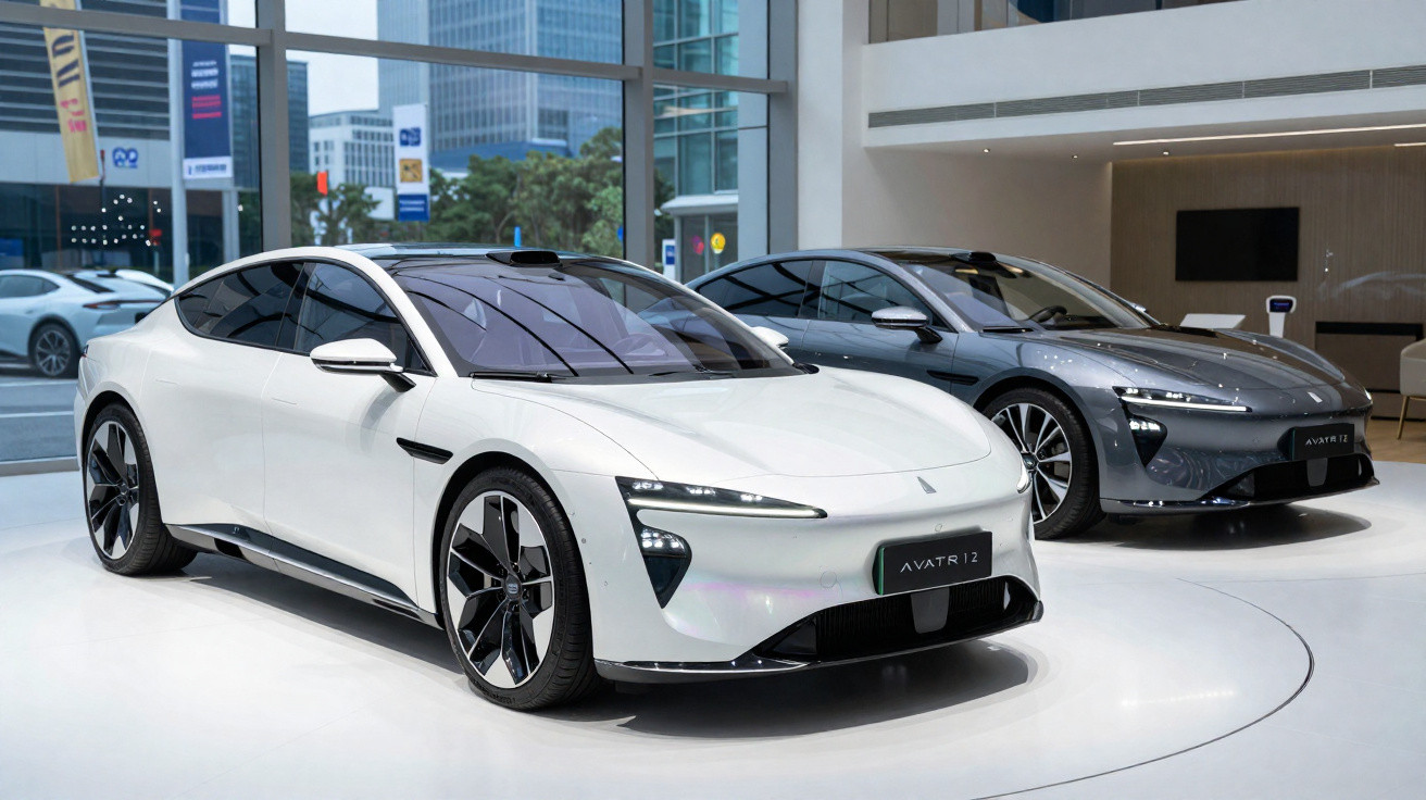 Dois carros elétricos Avatr 12, um branco em primeiro plano e um cinza ao fundo, em showroom moderno.