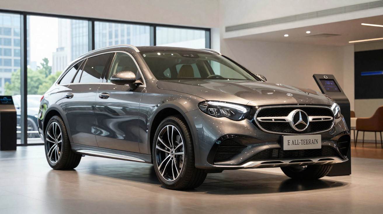 Carro Mercedes-Benz E All-Terrain cinza estacionado em showroom moderno com piso claro e janelas amplas.