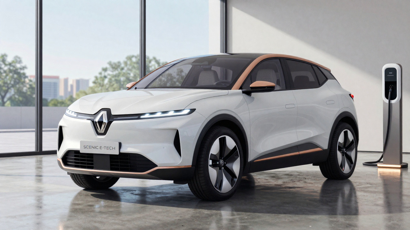 Carro elétrico Renault Scenic E-Tech branco com detalhes em cobre em ambiente interno ao lado de carregador.