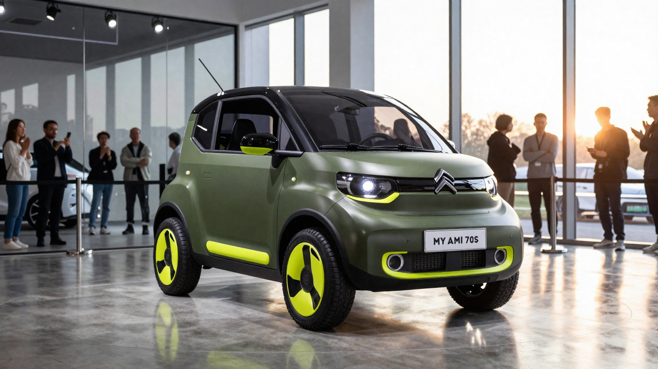 Carro compacto Citroën Ami 70S verde com detalhes em amarelo exposto em salão com pessoas ao fundo.