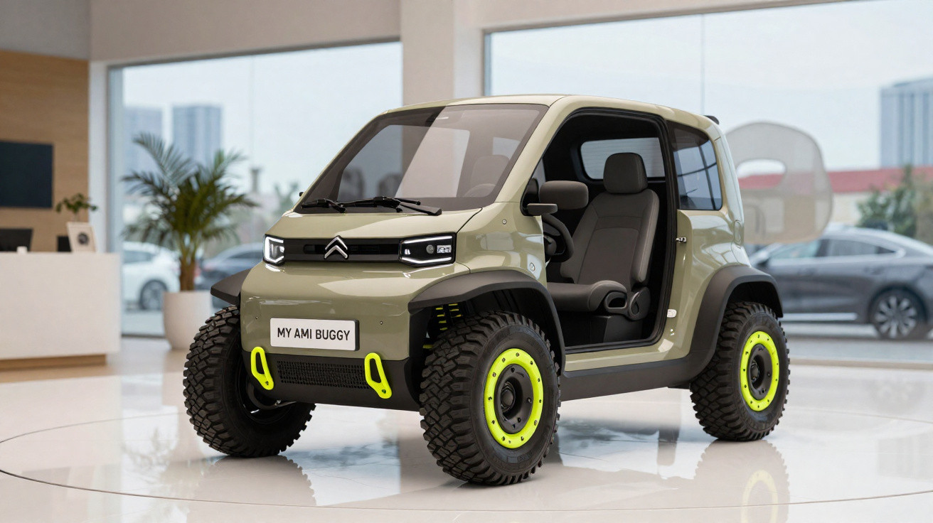 Carro elétrico Citroën My Ami Buggy verde oliva em exposição, estilo compacto com pneus grandes e detalhes em amarelo.