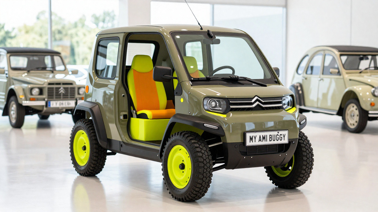Carro elétrico compacto Citroën My Ami Buggy verde com rodas e interior amarelo exibido em showroom.