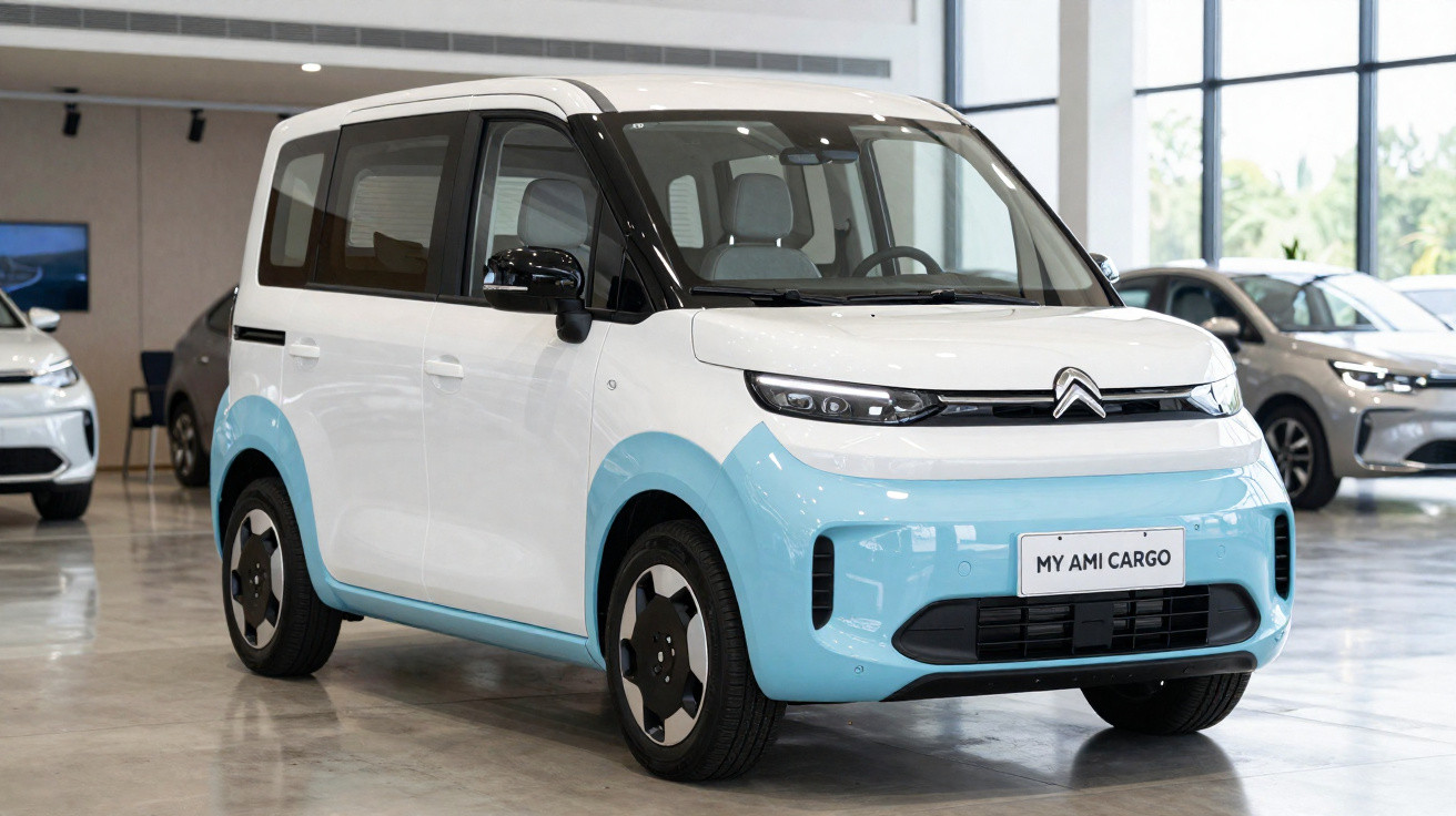 Carro elétrico Citroën My Ami Cargo branco e azul claro em showroom com teto branco e janelas grandes.