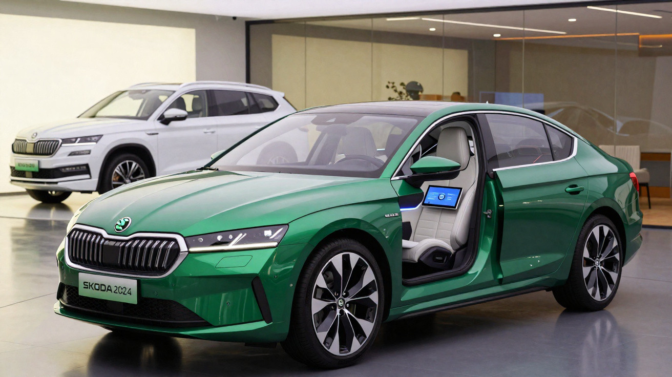 Carro verde Skoda 2024 com porta dianteira aberta exibindo interior moderno, ao lado de SUV branco em showroom.