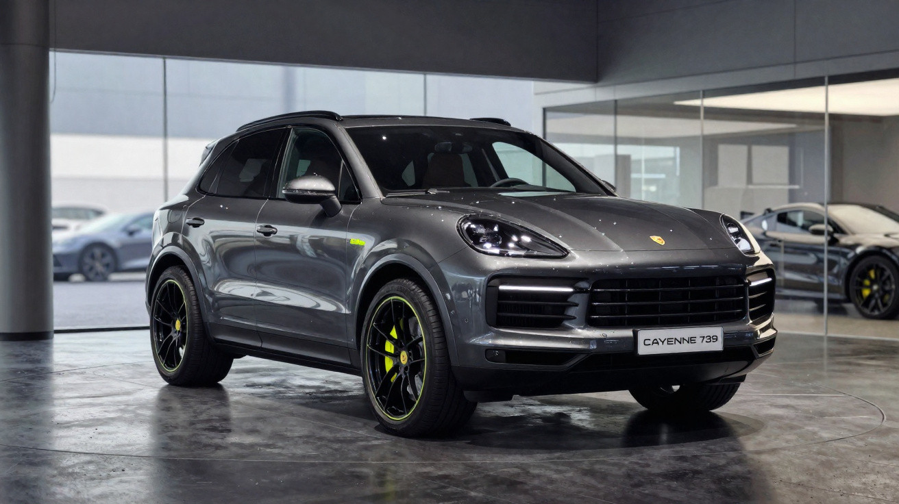 Carro SUV Porsche Cayenne cinza escuro exibido em showroom moderno com rodas pretas e detalhes verdes.