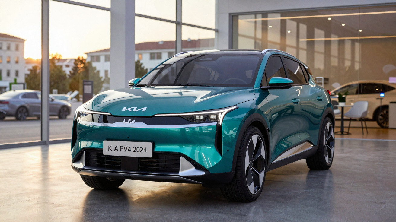 Carro elétrico KIA EV4 2024 verde em showroom moderno com iluminação natural ao fundo.