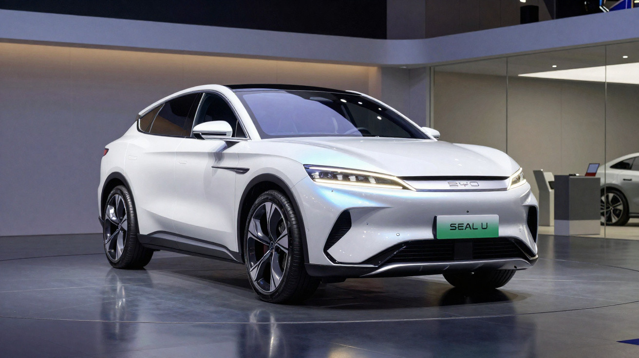 Carro elétrico branco BYD Seal U exibido em ambiente interno com piso refletivo e iluminação moderna.