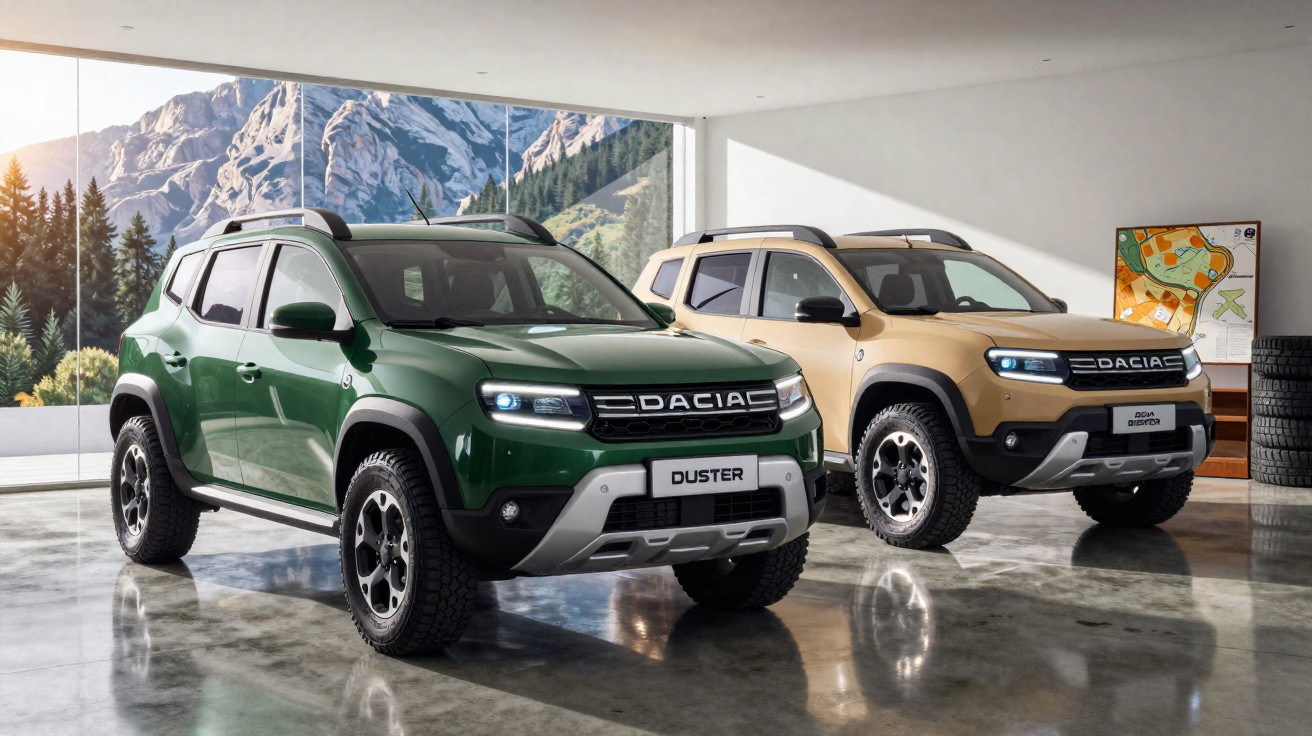 Dois SUVs Dacia Duster estacionados em garagem com fundo de montanhas e árvores.