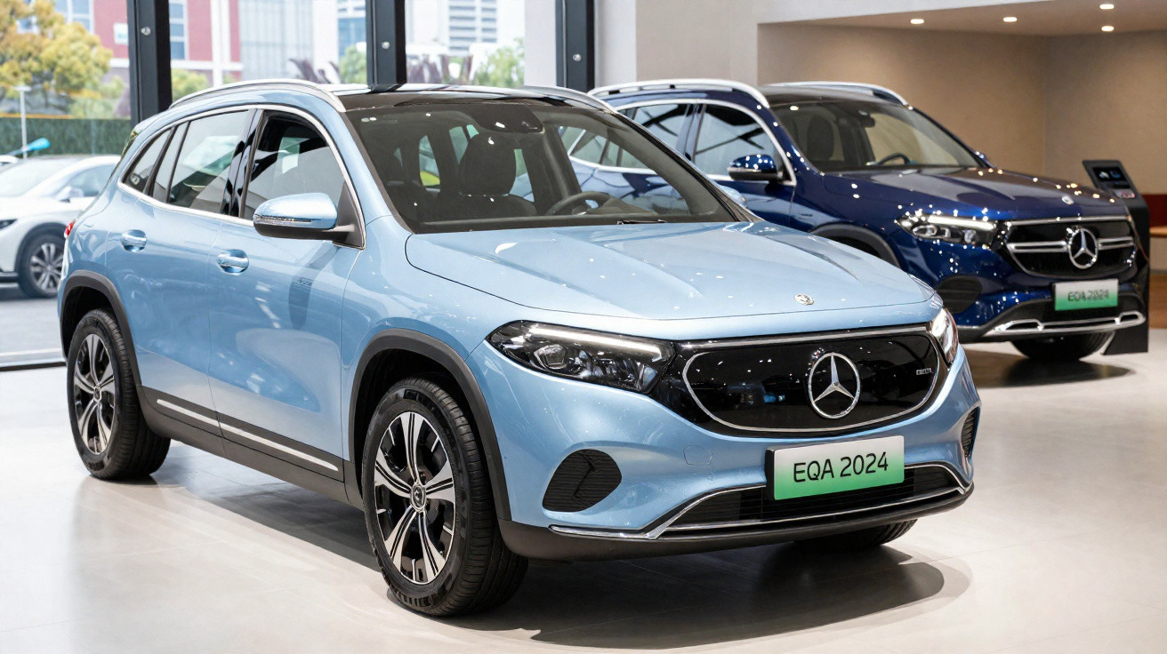 SUV elétrico Mercedes-Benz EQA 2024 azul claro em exposição em showroom.