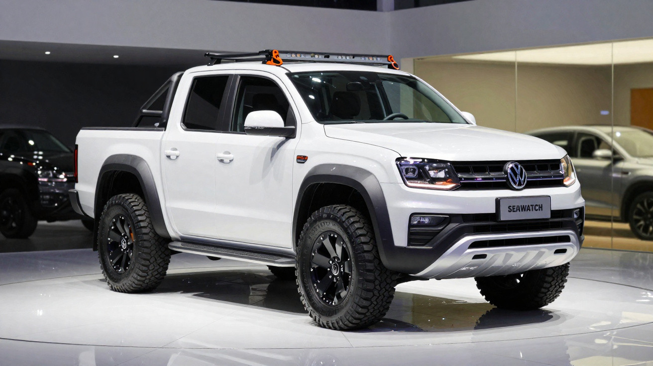 Picape Volkswagen branca modelo Seawatch com pneus off-road exibida em exposição interna.