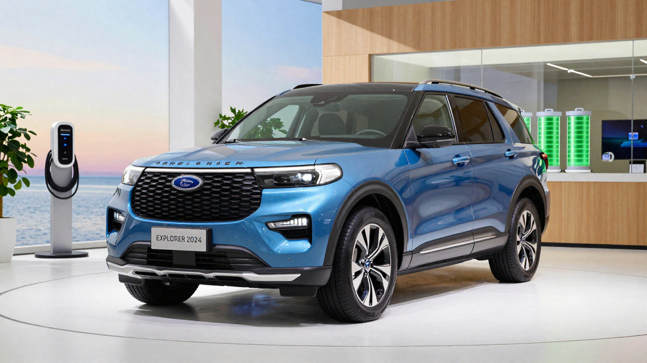 SUV Ford Explorer 2024 azul em ambiente interno próximo a estação de recarga elétrica.
