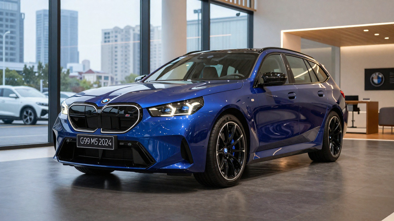 Carro BMW M5 azul exposto em showroom moderno com grandes janelas e vista urbana.