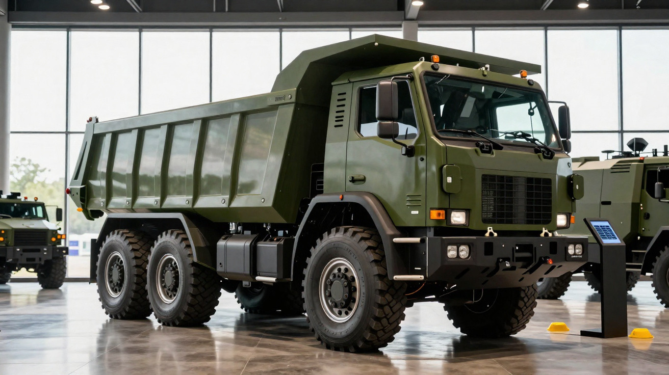 Caminhão militar verde com seis rodas em exposição dentro de um salão moderno e iluminado.