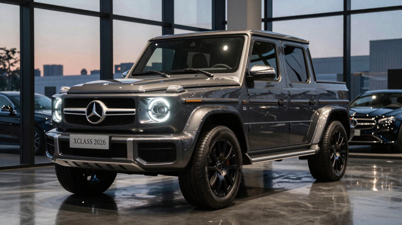 Picape Mercedes-Benz X-Class 2026 cinza exposta em showroom com iluminação interna moderna.