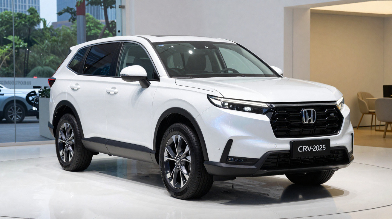 SUV Honda CR-V 2025 branco exibido em showroom moderno com iluminação suave e piso branco.