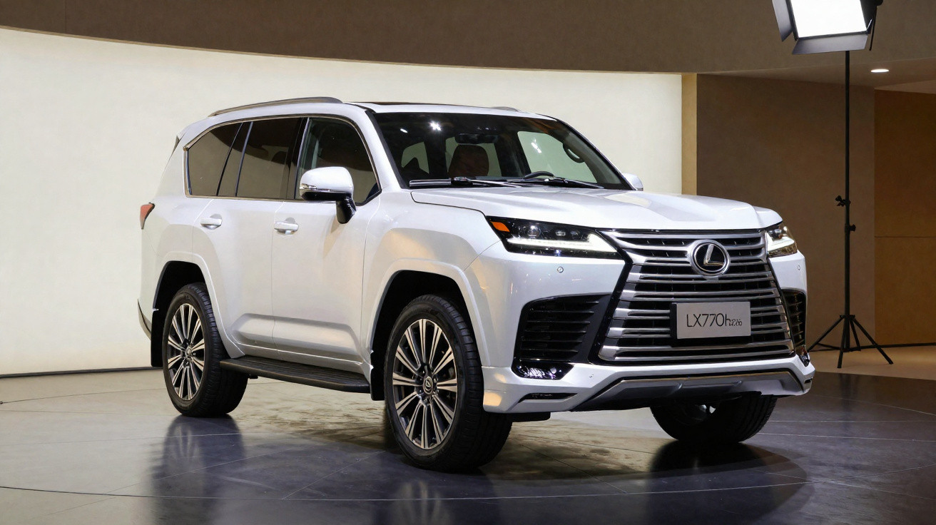 SUV branco Lexus LX 770h 2026 em ambiente interno com piso espelhado e iluminação suave.