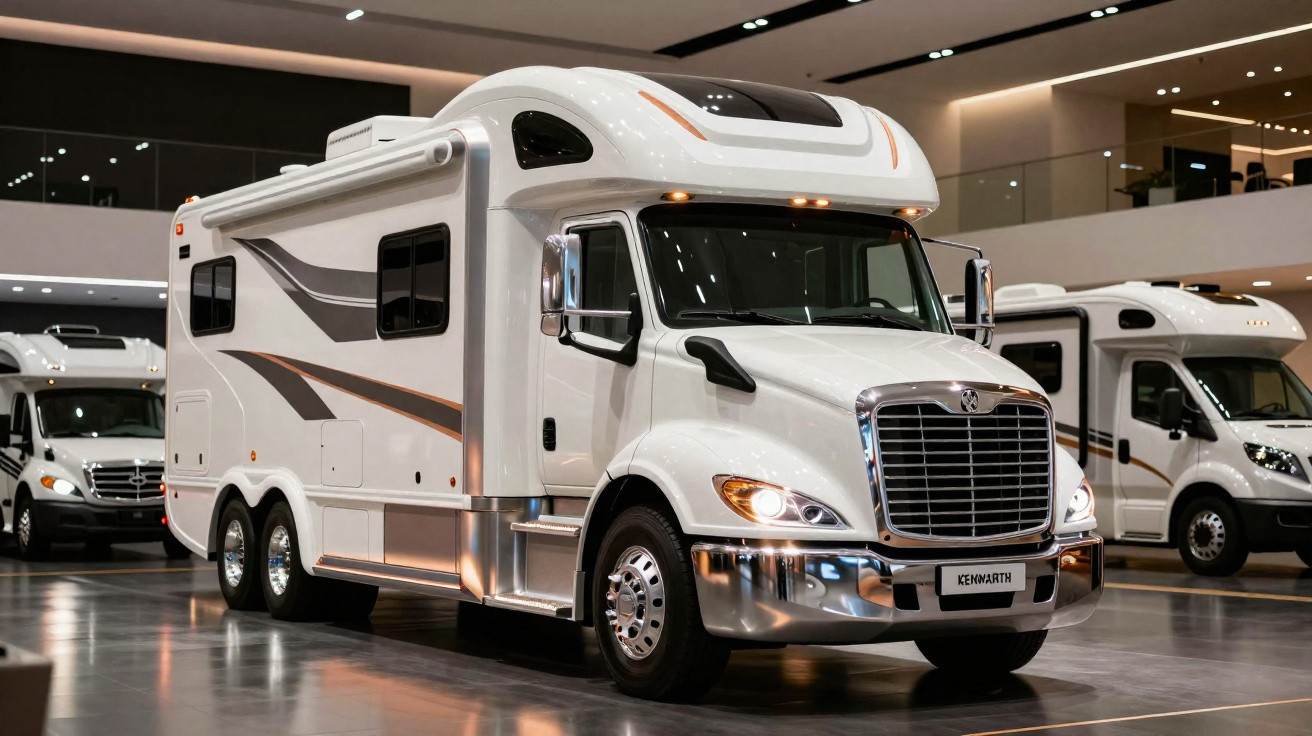 Motorhome branco moderno estacionado em ambiente interno com outros veículos similares ao fundo.