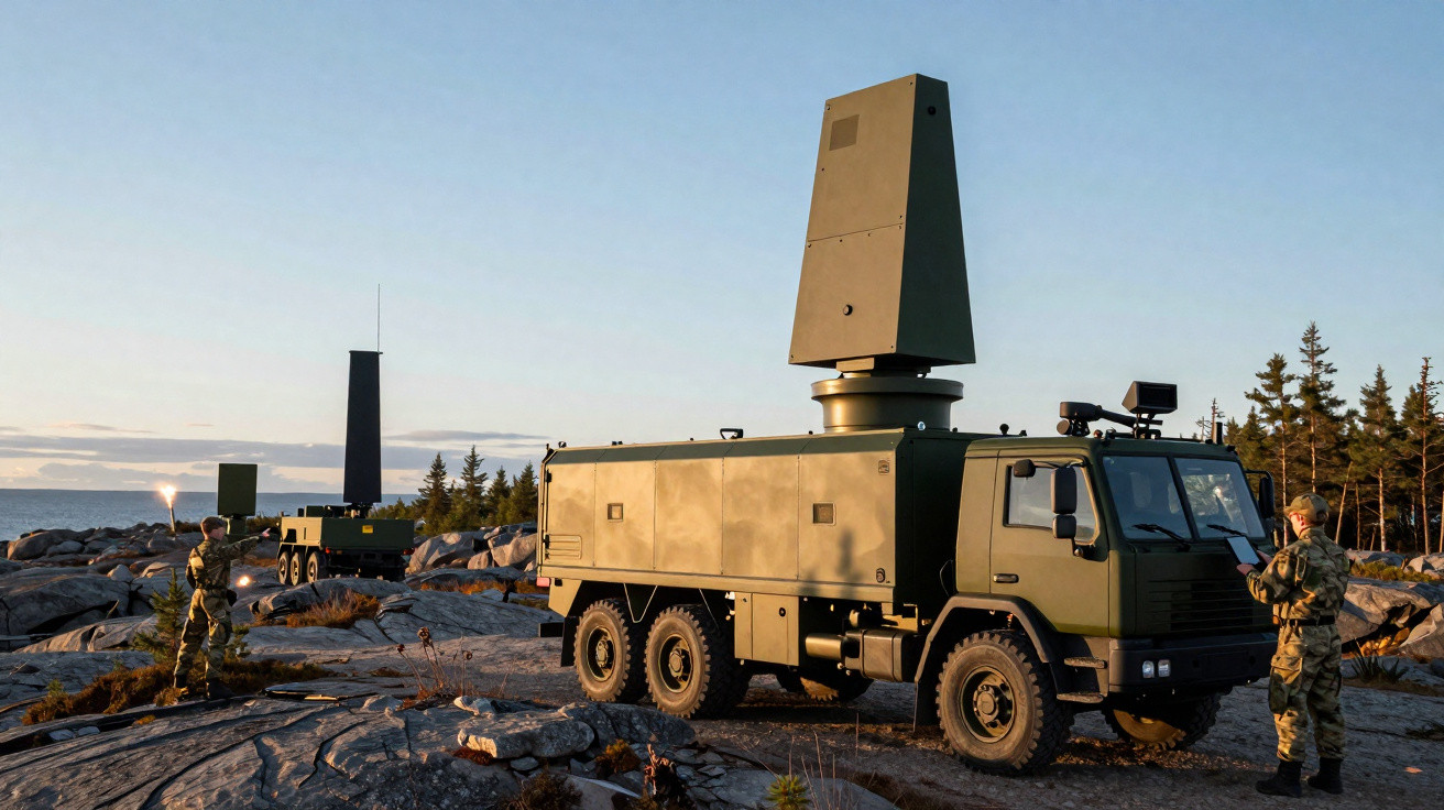 Veículo militar com radar e dois soldados em terreno rochoso com árvores e mar ao fundo ao entardecer.