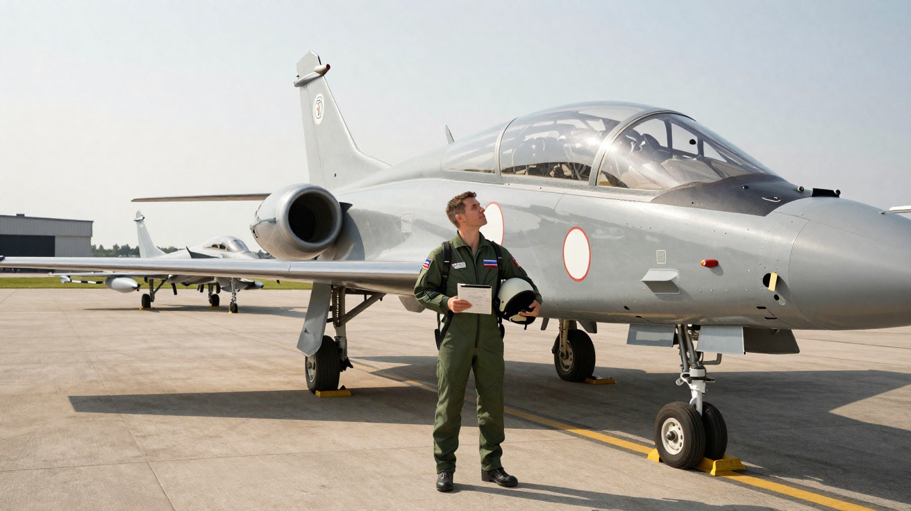 Piloto em uniforme verde ao lado de jato militar cinza estacionado em pista de aeroporto.