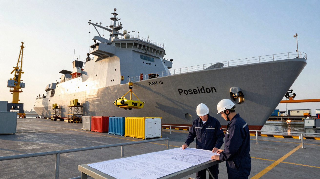 Dois trabalhadores com capacetes analisam plantas em mesa no cais ao lado do navio Poseidon atracado.