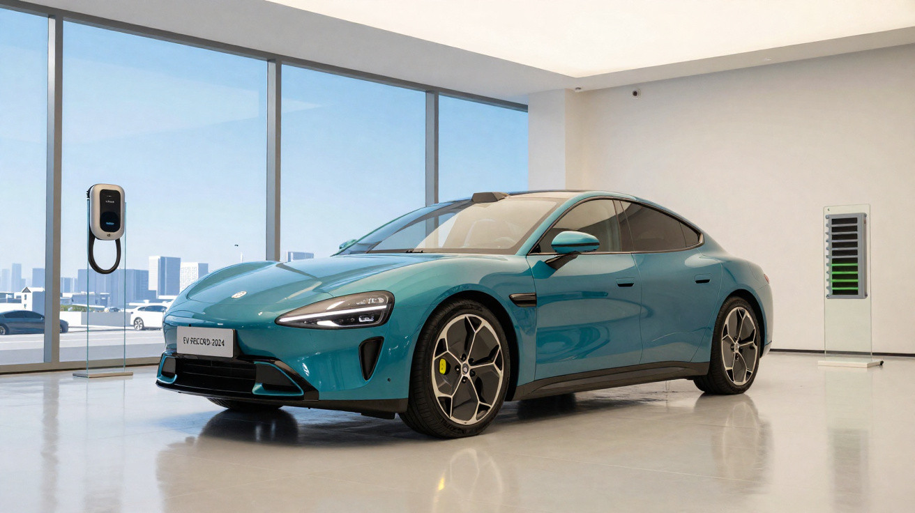 Carro elétrico esportivo azul exposto em showroom moderno com duas estações de carregamento ao fundo.
