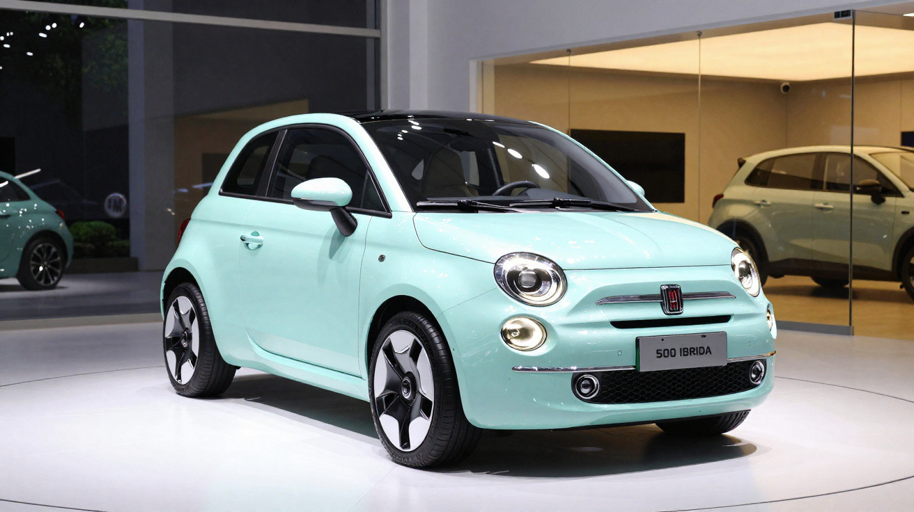 Carro Fiat 500 híbrido em exposição, cor verde claro, com iluminação interna em showroom.