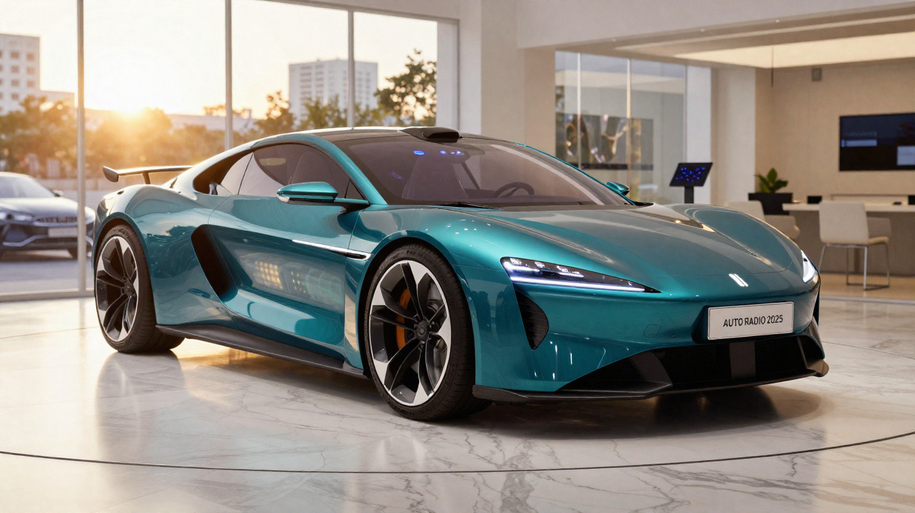 Carro esportivo elétrico verde azul exibido em showroom moderno com piso de mármore sob luz natural.