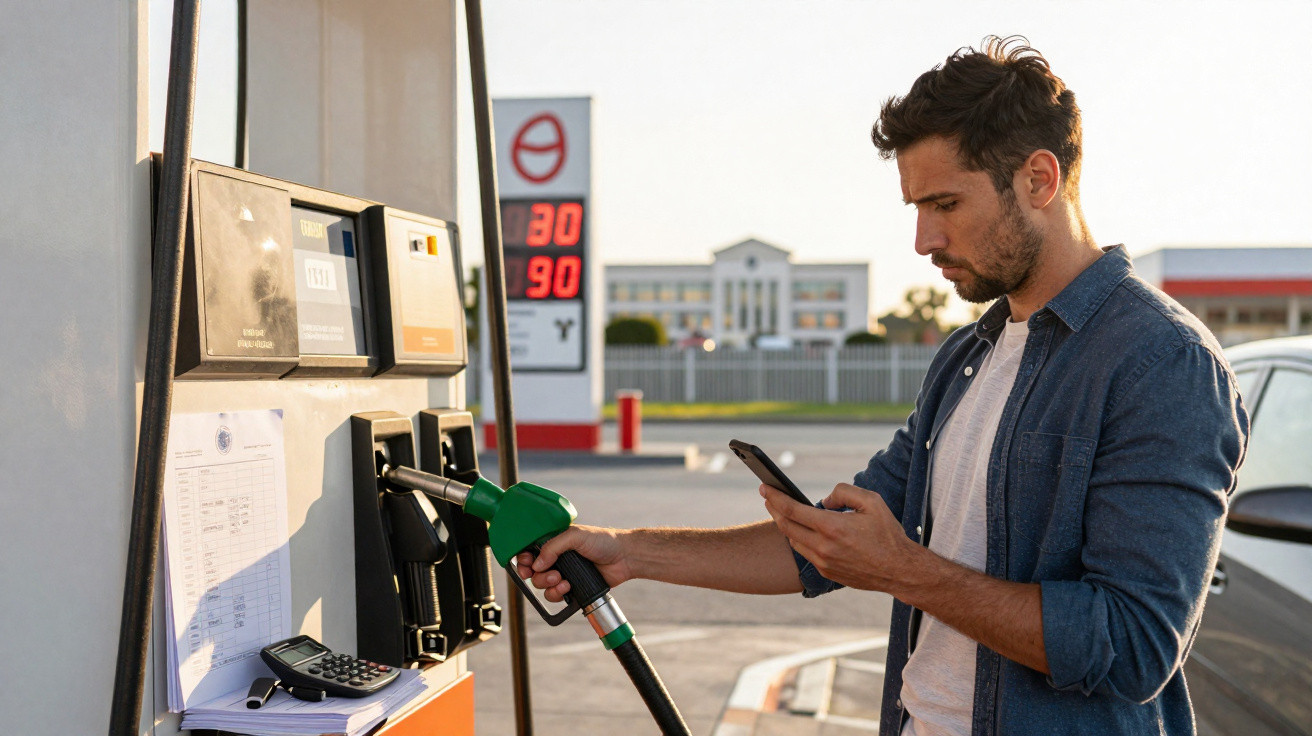 Homem em posto de gasolina abastecendo carro enquanto olha para o celular.
