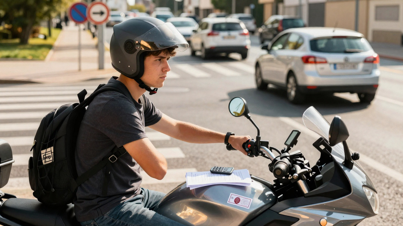 Jovem de capacete preto sentado em moto, parado em cruzamento de rua com expressão pensativa.