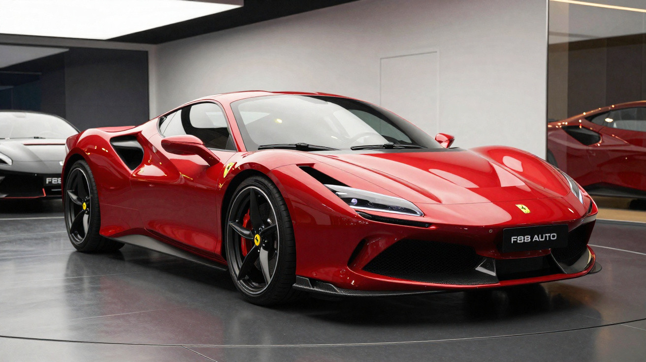 Carro esportivo Ferrari vermelho brilhante exibido em salão com rodas pretas e detalhes aerodinâmicos modernos.