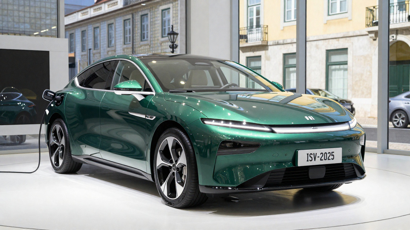 Carro elétrico verde metálico conectado ao carregador em exposição urbana com prédios ao fundo.