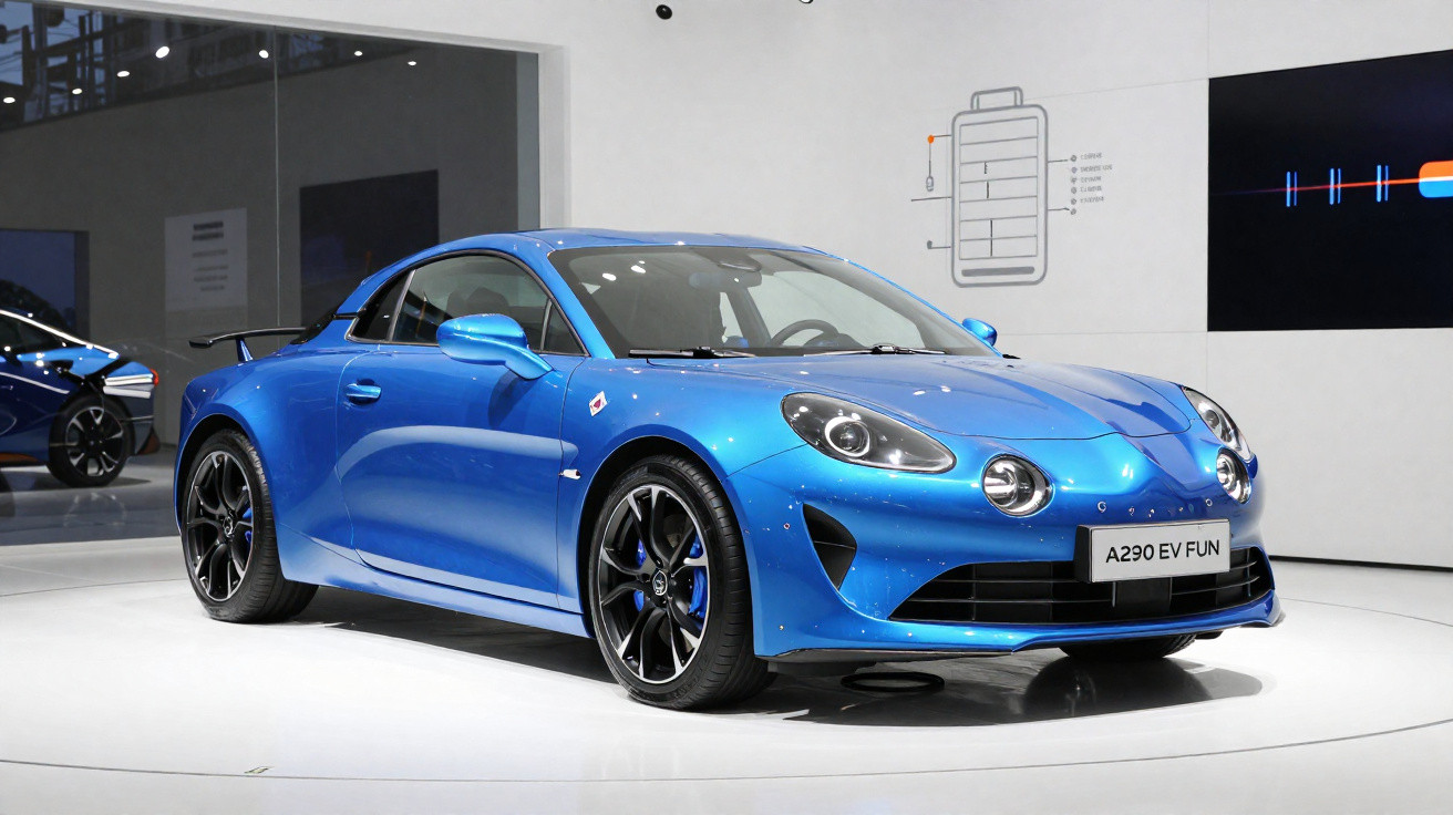 Carro esportivo azul Alpine A290 EV Fun em exposição em ambiente moderno e iluminado.