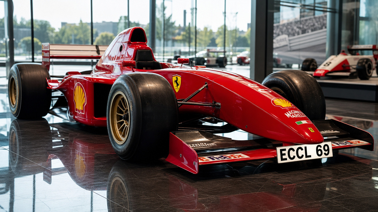 Carro de Fórmula 1 vermelho da Ferrari em exposição interna com pneus largos e adesivos de patrocinadores.